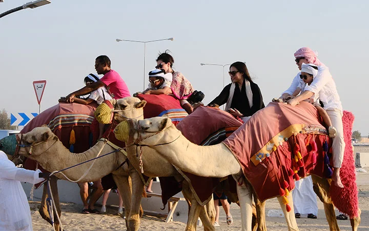 Tourists on camel ride at Wild Dunes Desert Safari Qatar